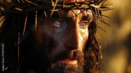 Generative AI, Jesus Christ in crown of thorns, photo close up