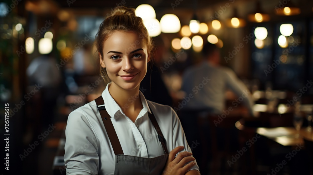 Portrait of a Smiling Waitress in a Busy Restaurant Portrait of a Smiling Waitress in a Busy Restaurant