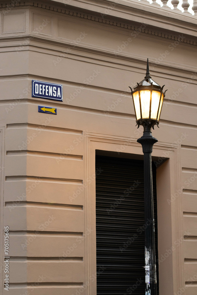 Illuminated lantern on the corner is one of the most well-known streets in the San Telmo neighborhood of Buenos Aires