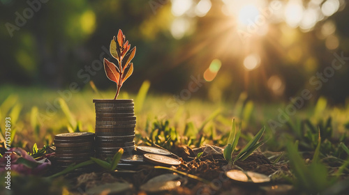 A plant sprouting from coins stacked on grass, during golden hour, symbolizing financial growth