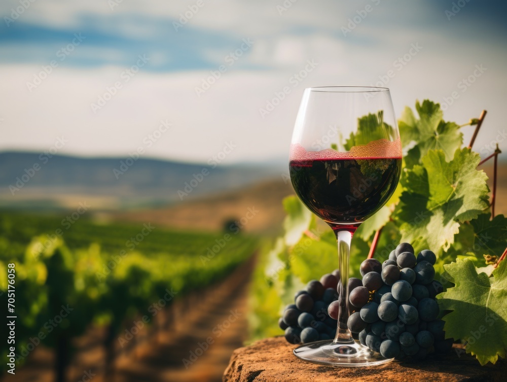 Field of grapes, wine in a glass background