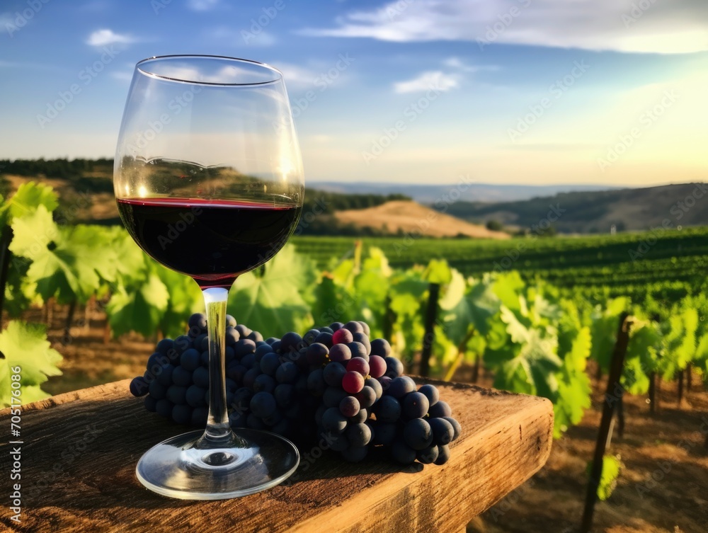 Field of grapes, wine in a glass background