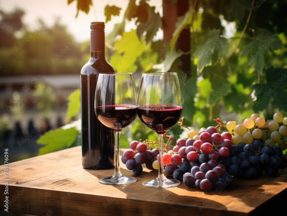 Field of grapes, wine in a glass background