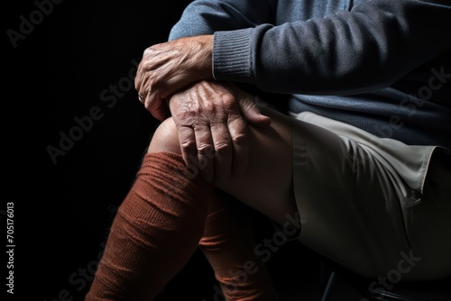 Close-up of man's knees, sports injury or illness. Generative AI © masharinkaphotos