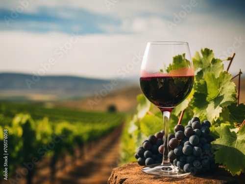 Field of grapes  wine in a glass background