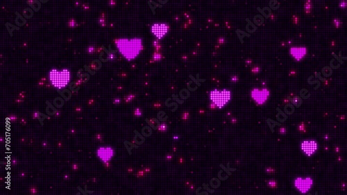 Wall of lights panel, valentines hearts backdrop, motion graphics, glowing lights. Seamless loppable 4K background.