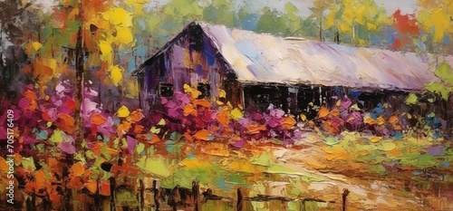 Colorful Impressionist Painting of a Barn in Autumn