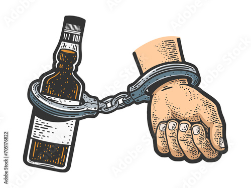 Hand cuffed to alcohol bottle alcoholism metaphor hostage whiskey sketch hand drawn color engraving vector illustration. Scratch board imitation. Black and white hand drawn image.