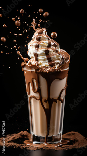 Chocolate milkshake splash on black background