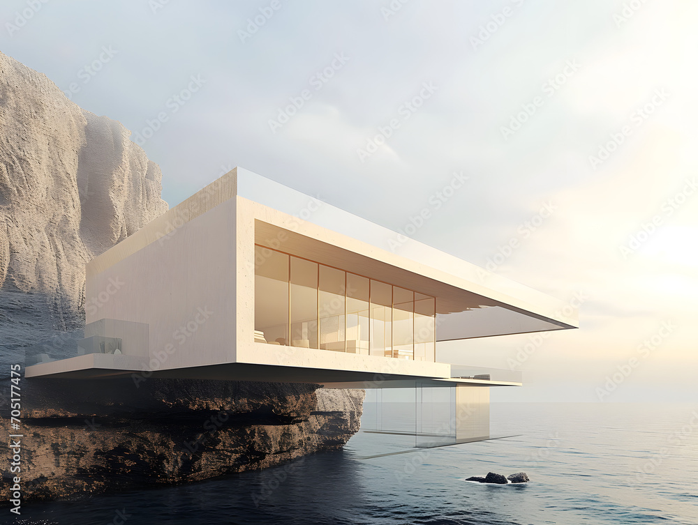 Fototapeta premium Minimalist cantilevered house perched on a rocky cliff overlooking calm waters, shrouded in mist. Generative AI.