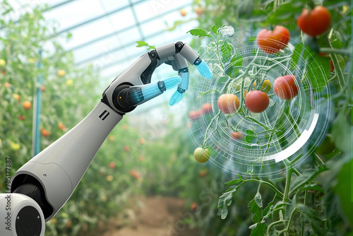 Robot is working in greenhouse with tomatoes. Smart farming and digital agriculture 4.0..