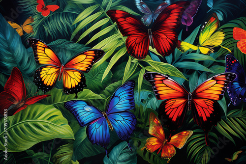Butterflies, in a Lush Tropical Habitat Vibrant  Generative AI, © aqsa