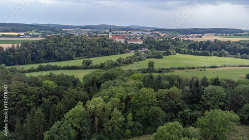 Obermarchtal with cathedral and landscape taken from above  drone photo