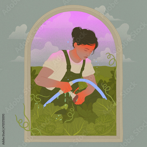 garden center worker watering crops in an outdoor field square editorial illustration (ID: 705178890)