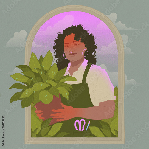 garden center worker holding a potted plant in an outdoor field square editorial illustration (ID: 705178892)