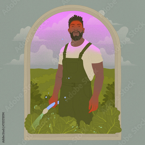 farmer watering crops in an outdoor field square editorial illustration (ID: 705178894)