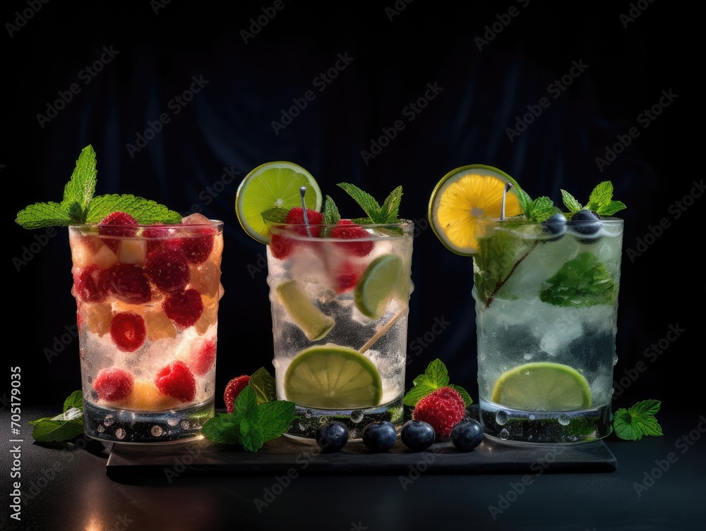 Three colourful cocktails with ice and colourful fruit garnish Three colourful cocktails with ice and colourful fruit garnish