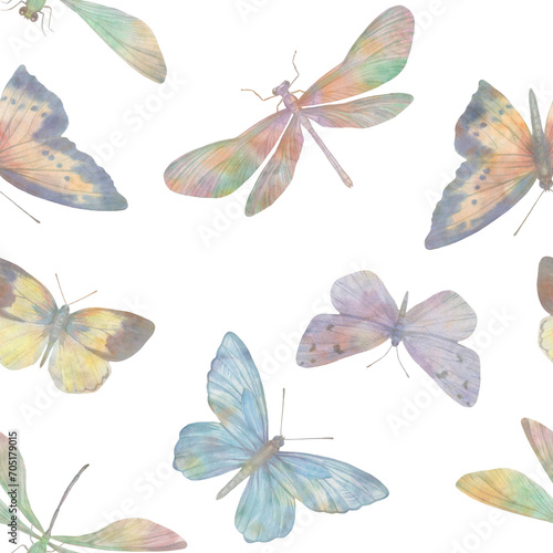 Watercolor butterflies in delicate shades of light yellow. Seamless abstract pattern of butterflies isolated on a white background.