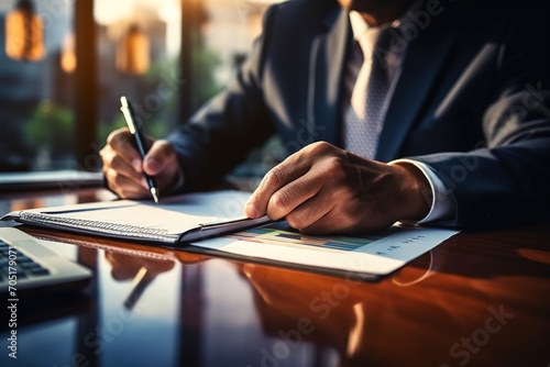 Businessman in suit working on financial report