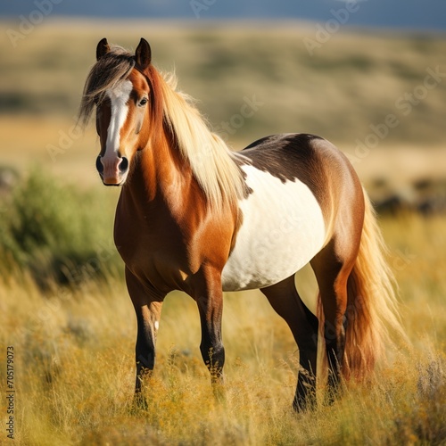 A Pinto Horse Standing in a Field of Tall Grass