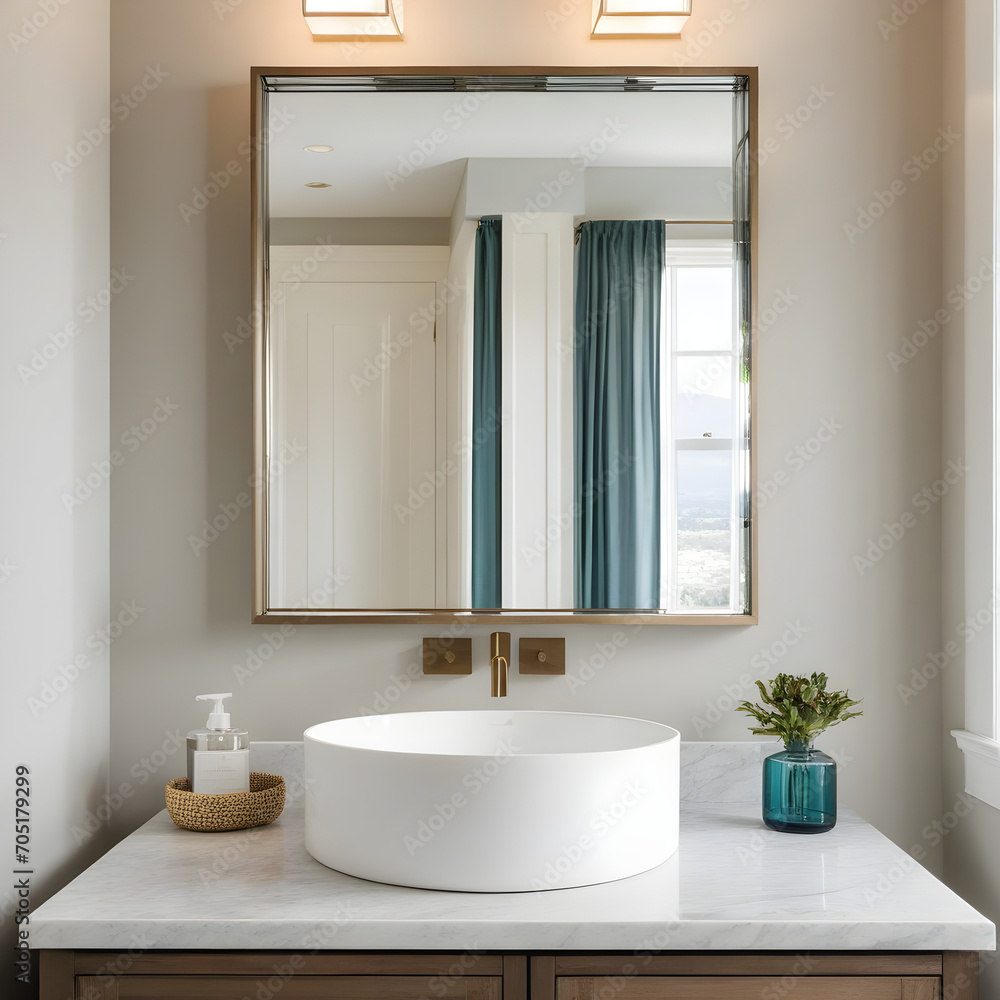 Fototapeta premium Square frame Interior of a powder room with a view of sink and mirror