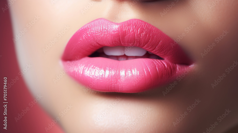 Fototapeta premium Lips with pink lipstick and white teeth of a beautiful, elegant, sexy white woman with perfect skin, close-up.