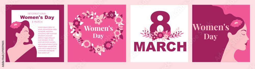March 8, International Women's Day. Vector illustration of a group of women in flat design, in pink color, women's day greeting card