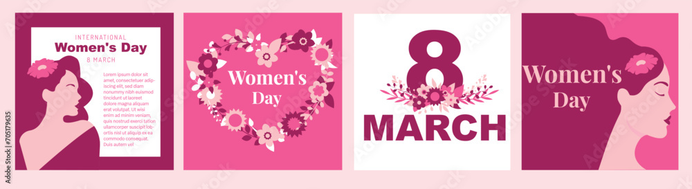 March 8, International Women's Day. Vector illustration of a group of women in flat design, in pink color, women's day greeting card March 8, International Women's Day. Vector illustration of a group of women in flat design, in pink color, women's day greeting card