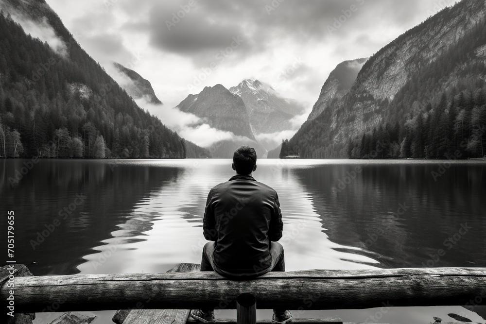 man sitting on the jetty admiring the beauty of lake konigssee