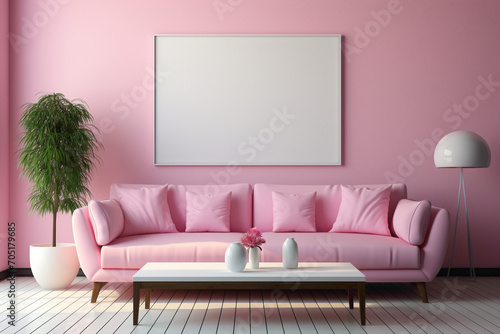 Imagine a calming living room with a pink sofa  complemented by a suitable table  all framed by an absolutely empty blank frame ready for your text.