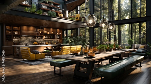 Modern forest house interior living room kitchen dining room