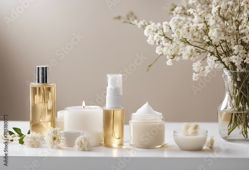 Elegance light soft white homemade cosmetics set of products for body care and bath accessories with white dry flowers in light soft interior copy space stock photoBackgrounds Make Up Spa Table