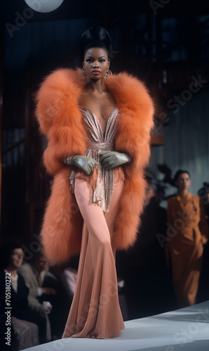 A beautiful dark-skinned woman on the catwalk. A silk dress and beautiful peach-colored fur. fashion.