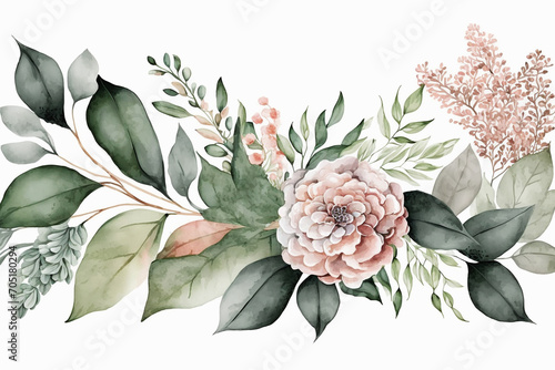 Bouquet border - green leaves and blush pink flowers on white background. Watercolor hand painted seamless border. Floral illustration. Foliage pattern. Created with generative AI technology