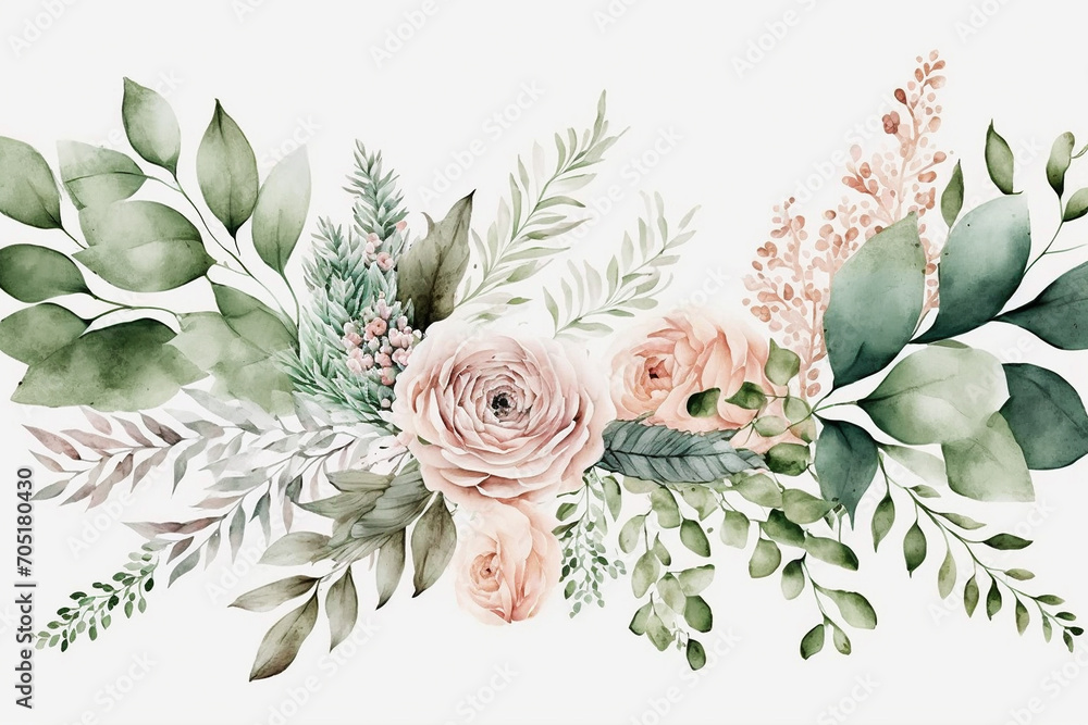 Bouquet border - green leaves and blush pink flowers on white background. Watercolor hand painted seamless border. Floral illustration. Foliage pattern. Created with generative AI technology - obrazy, fototapety, plakaty 