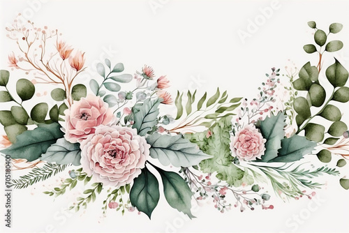 Bouquet border - green leaves and blush pink flowers on white background. Watercolor hand painted seamless border. Floral illustration. Foliage pattern. Created with generative AI technology