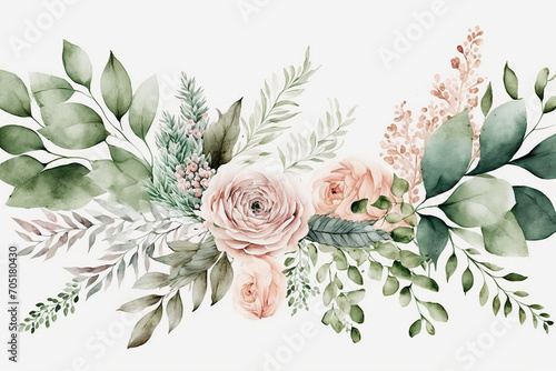 Bouquet border - green leaves and blush pink flowers on white background. Watercolor hand painted seamless border. Floral illustration. Foliage pattern. Created with generative AI technology photo