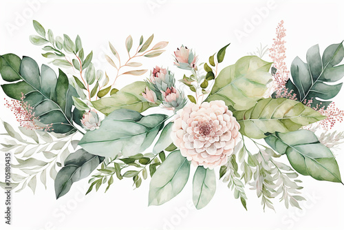 Bouquet border - green leaves and blush pink flowers on white background. Watercolor hand painted seamless border. Floral illustration. Foliage pattern. Created with generative AI technology #705180435
