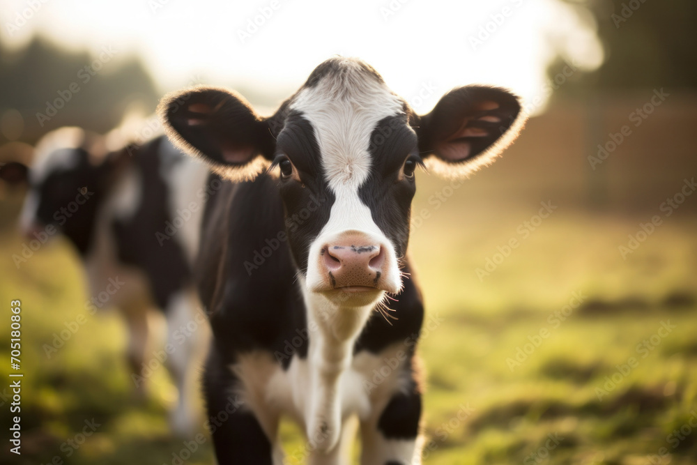 In a rural meadow, a pretty calf grazes with a herd, embodying the charm of countryside life. In a rural meadow, a pretty calf grazes with a herd, embodying the charm of countryside life.