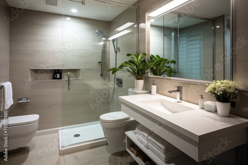 Modern bathroom interior with toilet, sink and shower