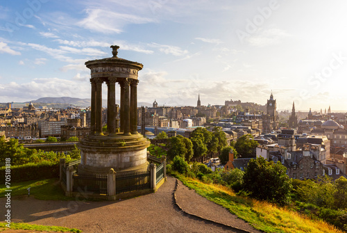 Dugald Stewart Monument, panoramic view of Edinburgh Old Town from Carlton Hill