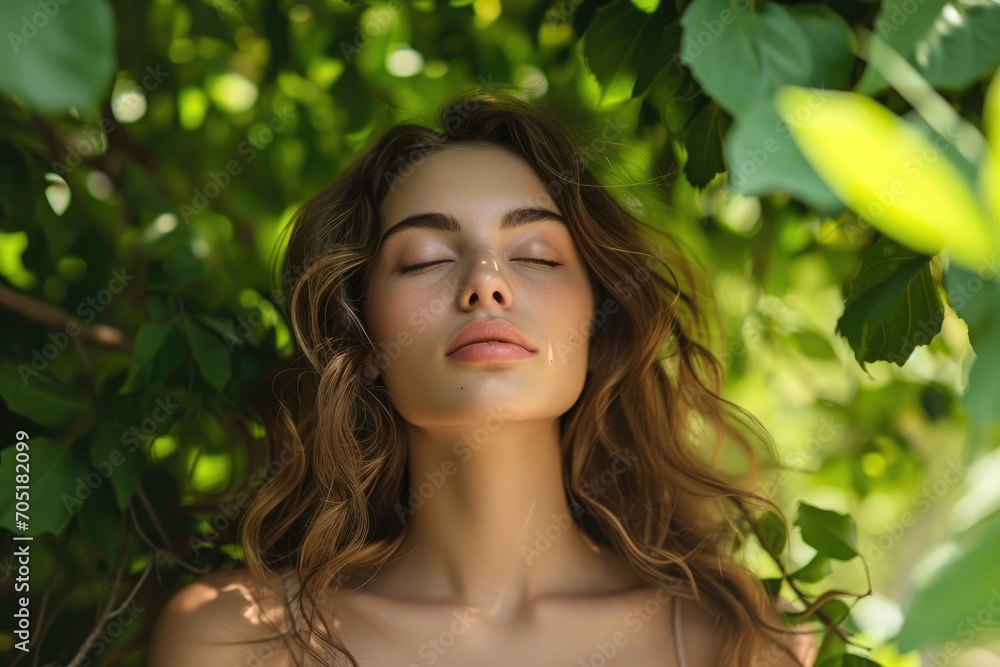 A beautiful girl enjoys nature, breathing fresh air in a summer garden on a background of green leaves. Harmony concept. A beautiful girl enjoys nature, breathing fresh air in a summer garden on a background of green leaves. Harmony concept.