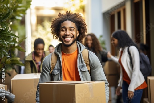 Smiling young college students moving into dorm photo