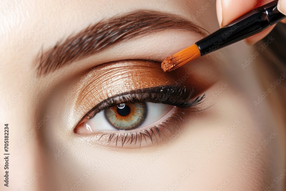 Naklejka premium Makeup. Woman Make-up Applying closeup. Eyeliner. Cosmetic Eye shadows. Eye line brush for Make up. Beauty Girl with Perfect Skin.