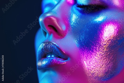 Fashion face woman in colorful bright neon uv blue and purple lights, glowing neon makeup