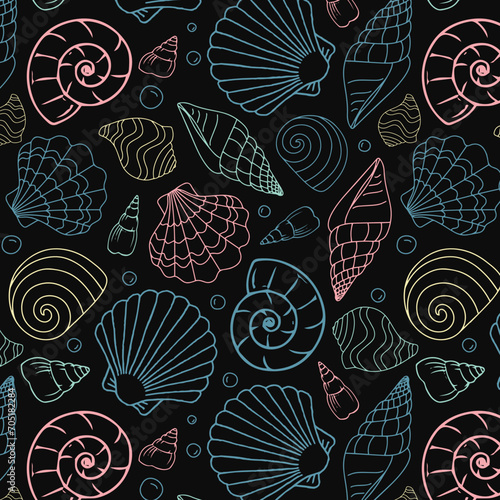 Hand-Drawn Sea Shells, Fossils, Starfish, Corals, Seaweeds, Waves Abstract Vector Seamless Pattern. Summer Beach Seaside Print. Ocean Fashion Textile Background. Seashore Elements Texture 
