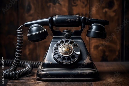 old black bakelite telephone on a rustic metal surface photo