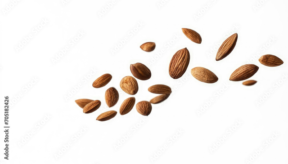 Almonds fall in pile on light gray background. Creative concept of floating healthy snacks. Levitation of nuts. Close-up. Copy space. Almonds fall in pile on light gray background. Creative concept of floating healthy snacks. Levitation of nuts. Close-up. Copy space.