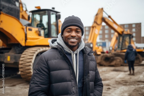Portrait of a construction worker with smile at heavy machinery site © Geber86