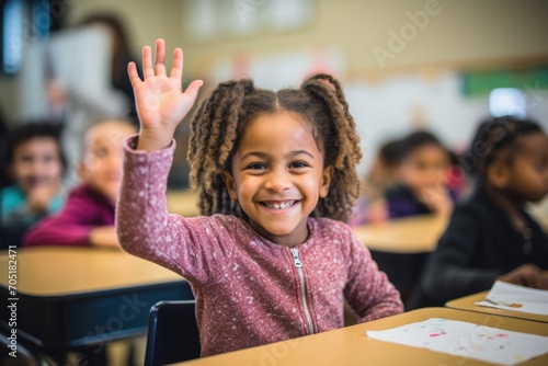 Young girl raising hand in elementary school classroom